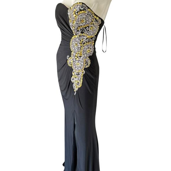 Atria Couture Black Gown with Yellow and Silver Jewel Embellishments Size 2 - Picture 4 of 10